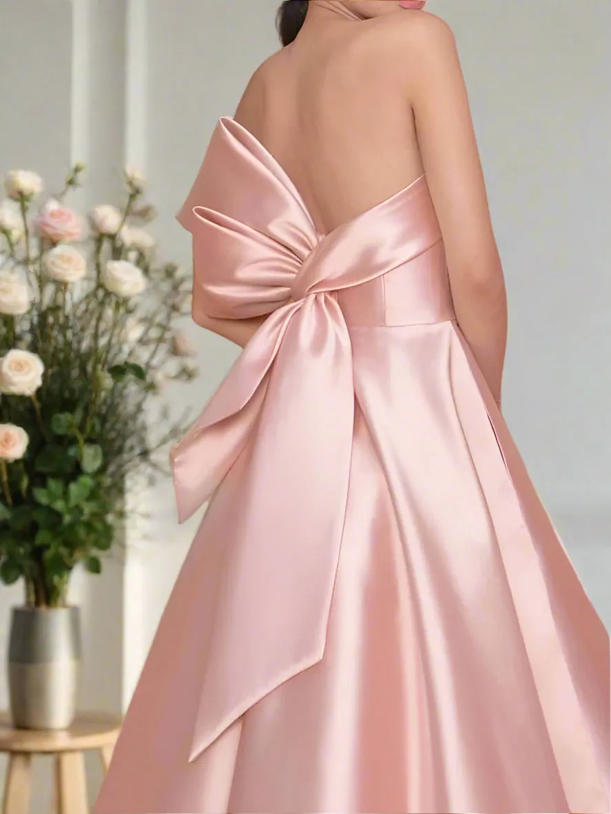 Princess Blush A-Line Sleeveless Strapless Satin Long Prom Party Dresses