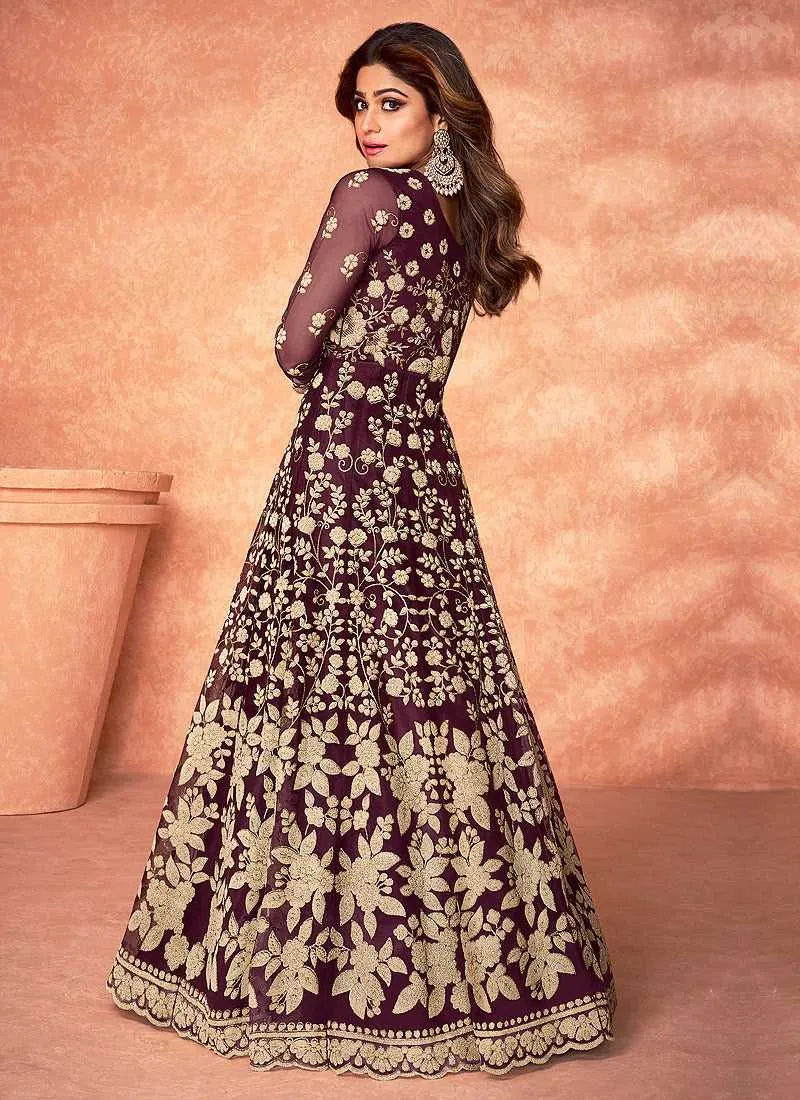Purple Floral Embroidered Stylish Kalidar Anarkali