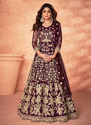 Purple Floral Embroidered Stylish Kalidar Anarkali