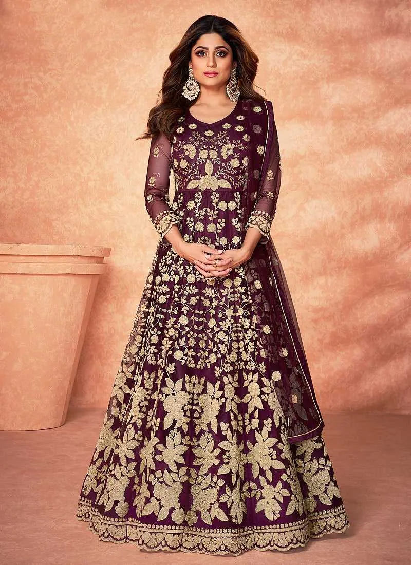 Purple Floral Embroidered Stylish Kalidar Anarkali
