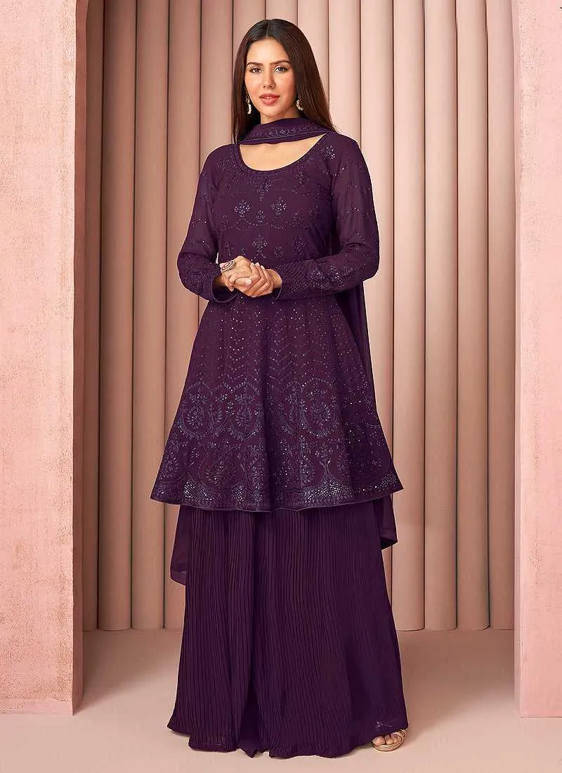 Purple Heavy Embroidered Stylish Sharara Suit
