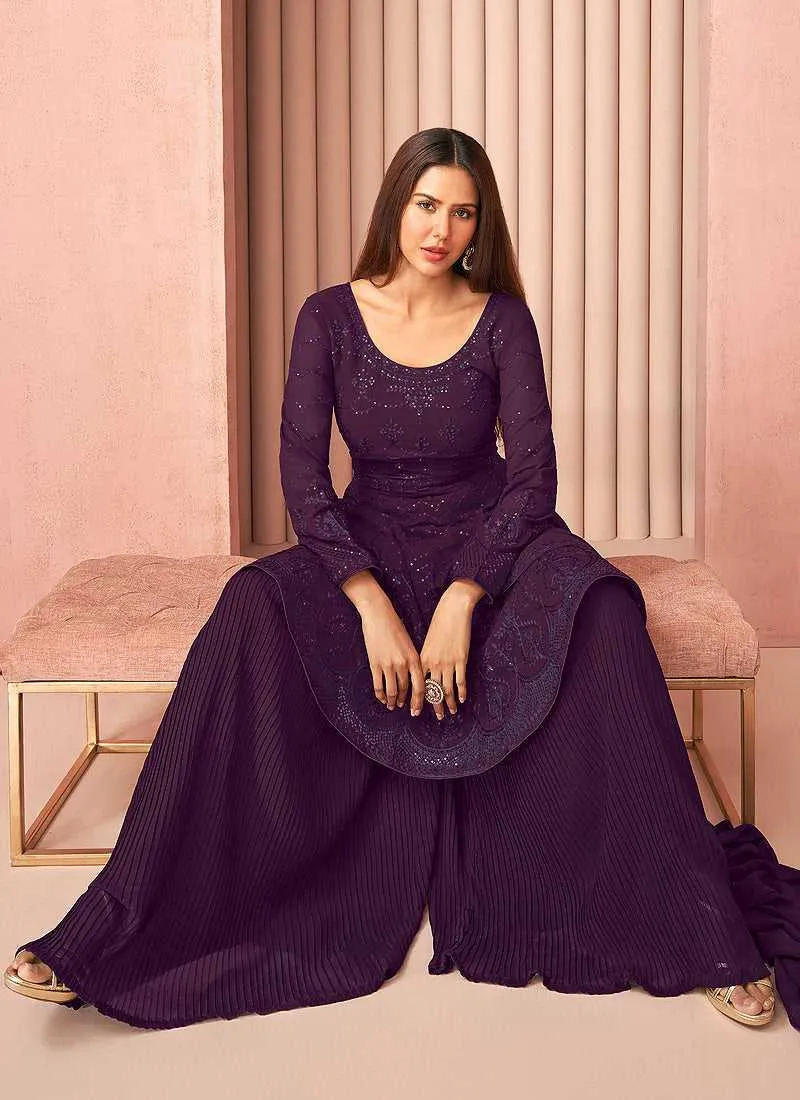 Purple Heavy Embroidered Stylish Sharara Suit