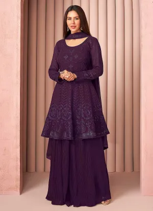 Purple Heavy Embroidered Stylish Sharara Suit