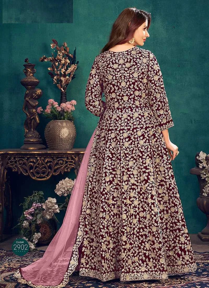 Purple Heavy Embroidered Stylish Velvet Anarkali Suit