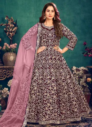 Purple Heavy Embroidered Stylish Velvet Anarkali Suit