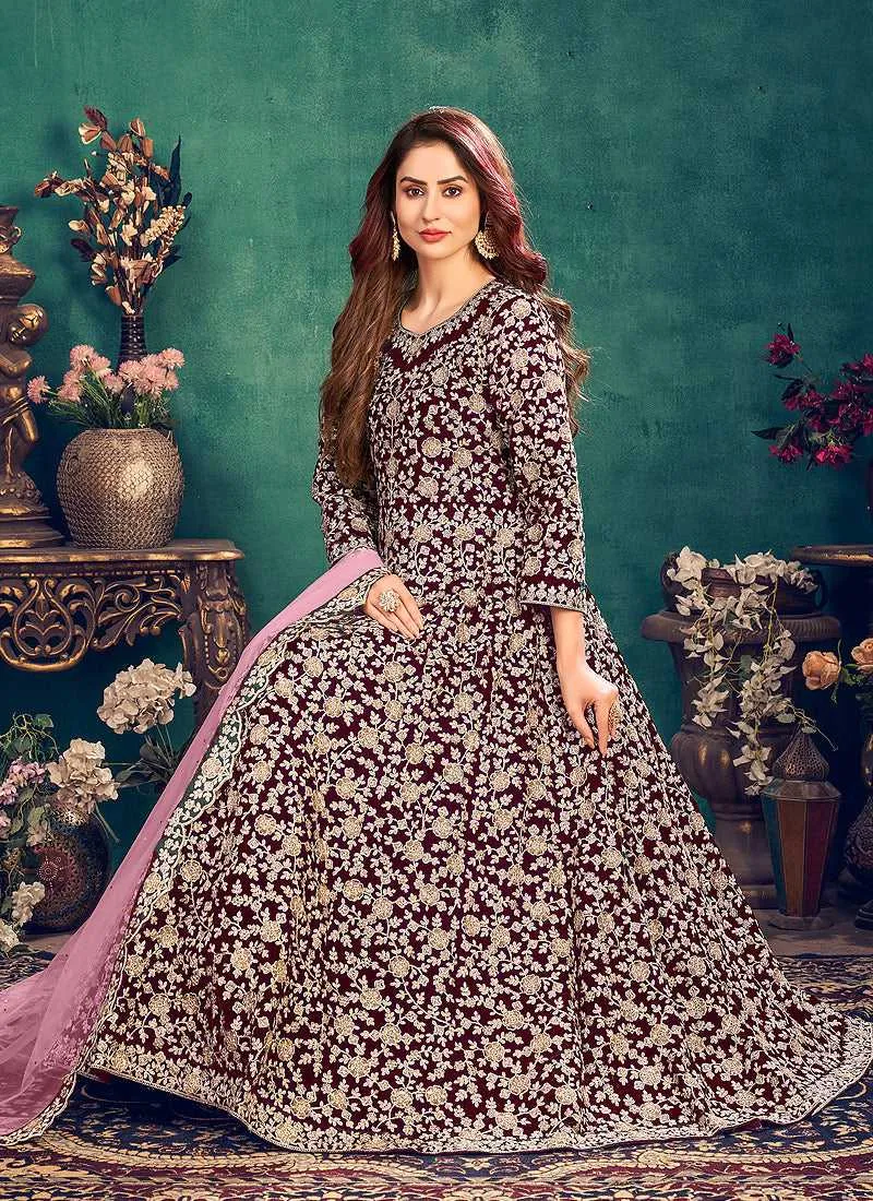 Purple Heavy Embroidered Stylish Velvet Anarkali Suit