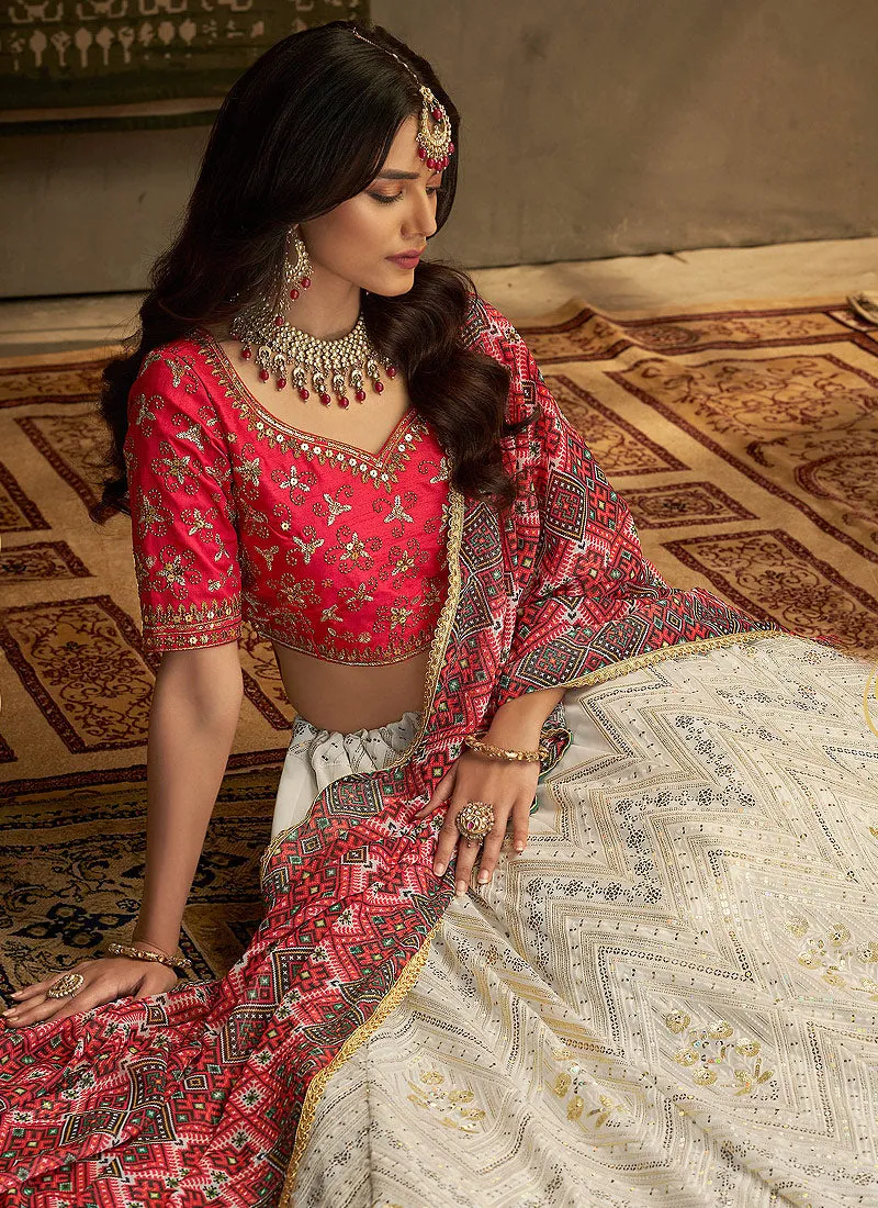 Red And White Stylish Embroidered Lehenga Choli