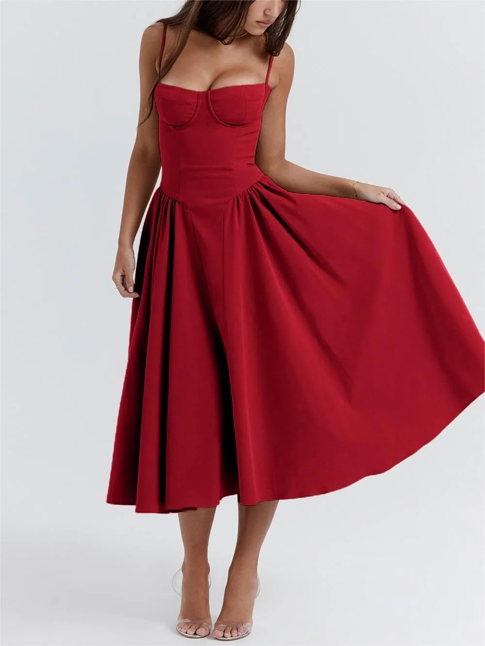 Red Bustier Cami Dress With Pockets