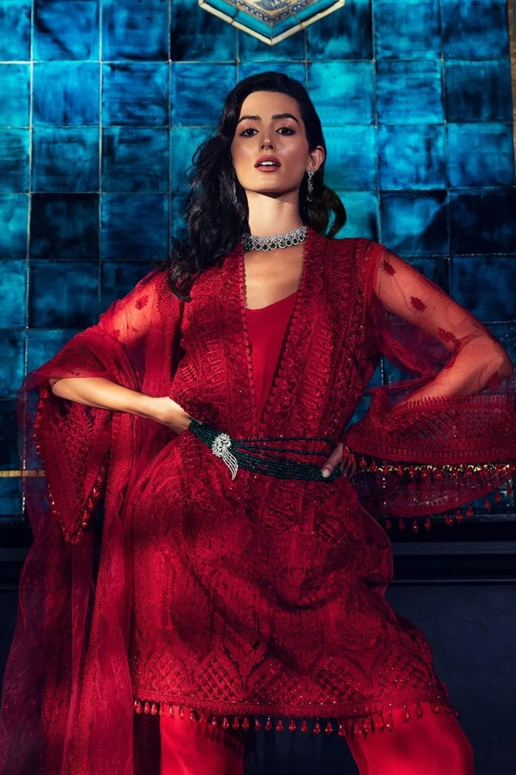 Red coloured stylish girl dress Pakistani # P2635