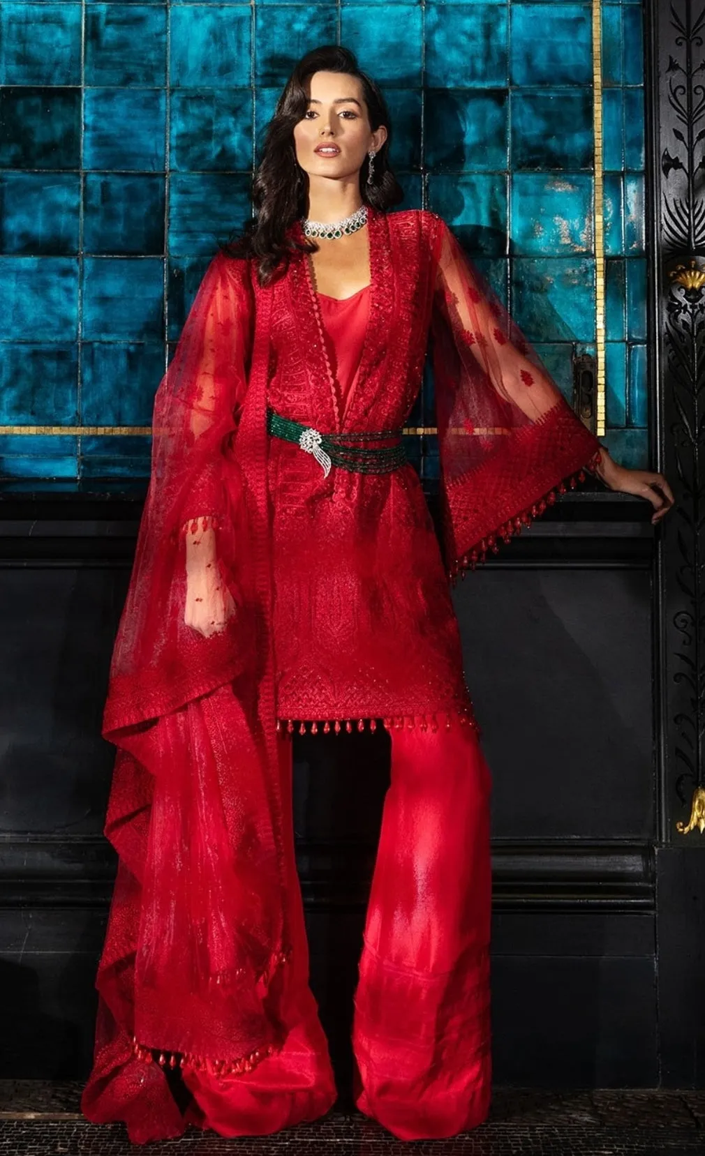 Red coloured stylish girl dress Pakistani # P2635