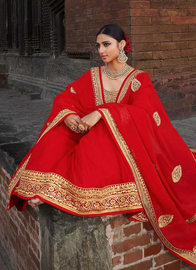 Red Embroidered Stylish Kalidar Gown Style Anarkali