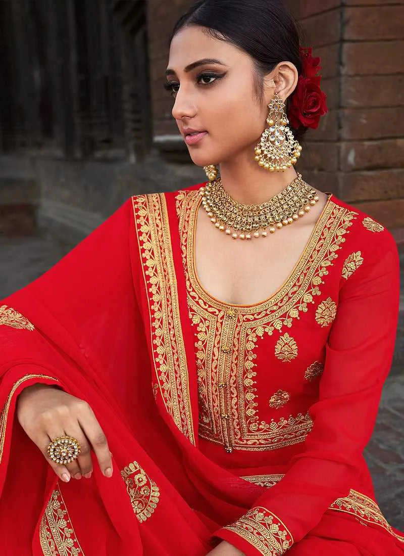 Red Embroidered Stylish Kalidar Gown Style Anarkali