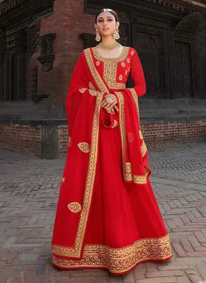 Red Embroidered Stylish Kalidar Gown Style Anarkali
