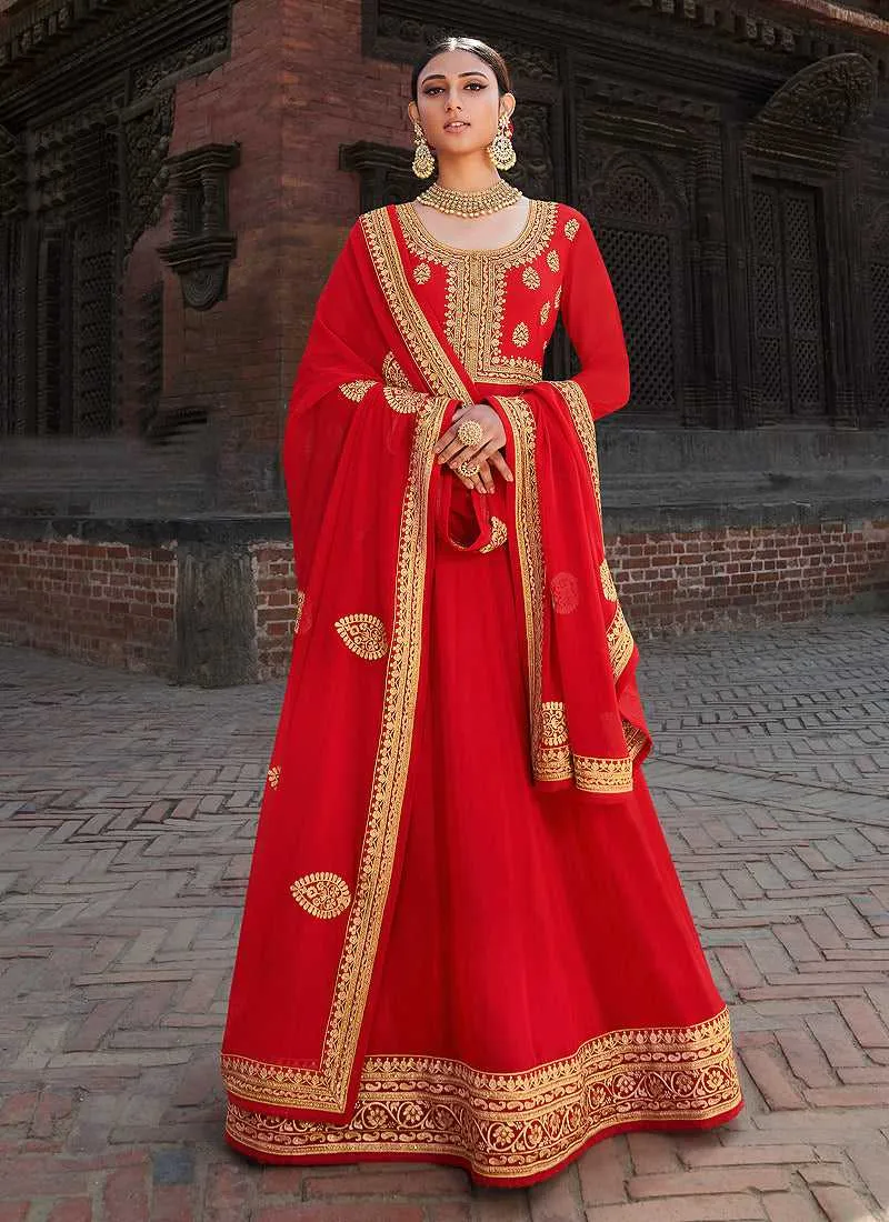 Red Embroidered Stylish Kalidar Gown Style Anarkali