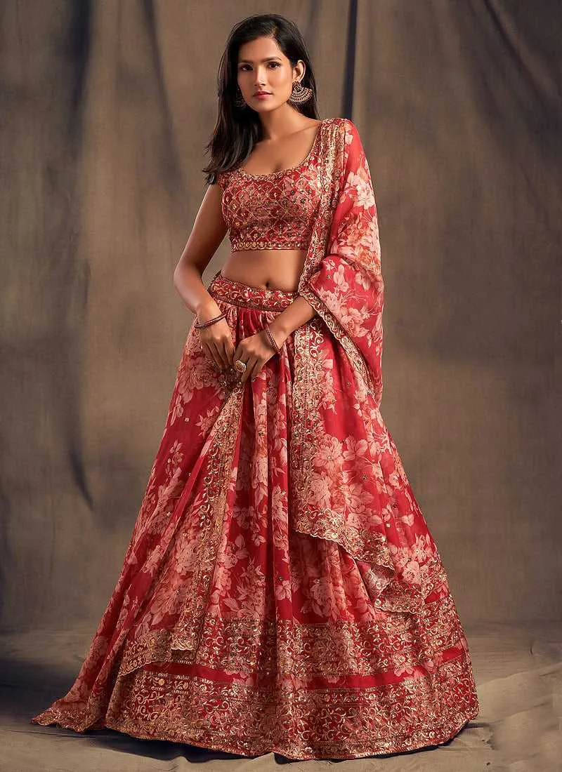 Red Floral Printed Stylish Embroidered Lehenga Choli