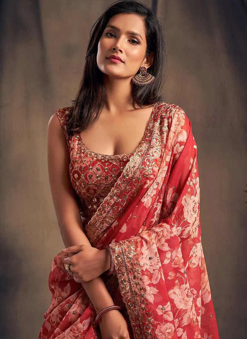 Red Floral Printed Stylish Embroidered Lehenga Choli