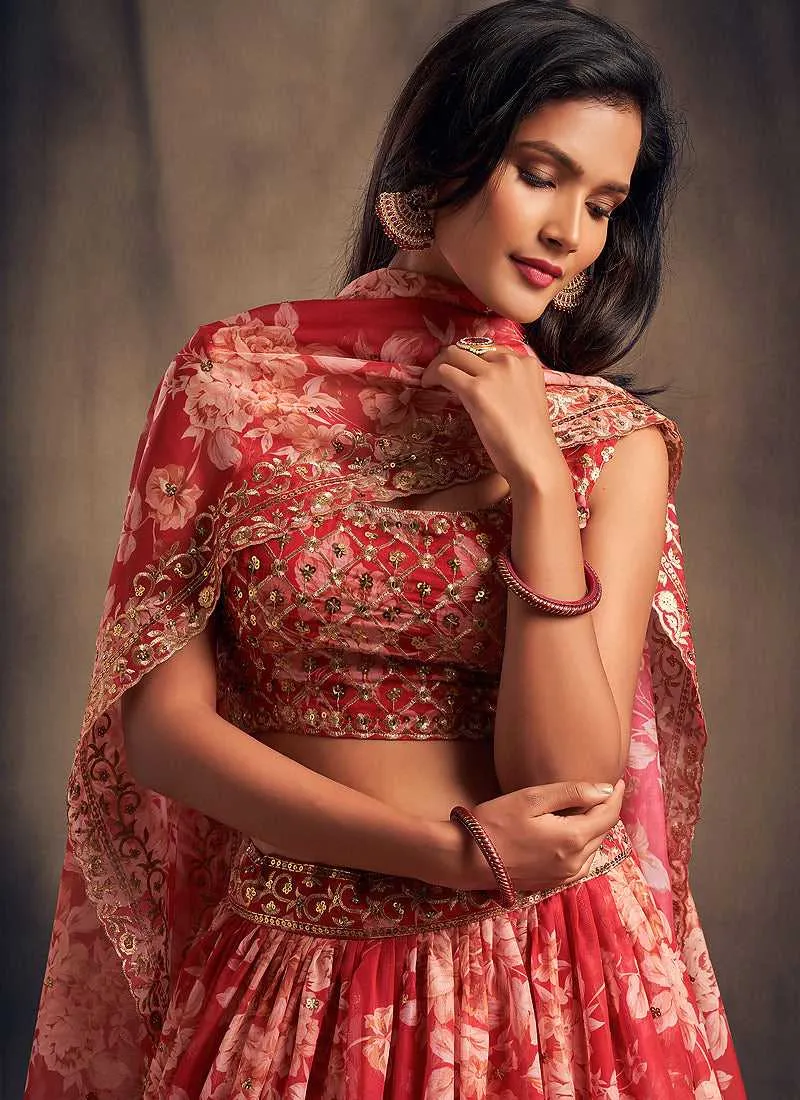 Red Floral Printed Stylish Embroidered Lehenga Choli