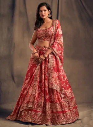 Red Floral Printed Stylish Embroidered Lehenga Choli