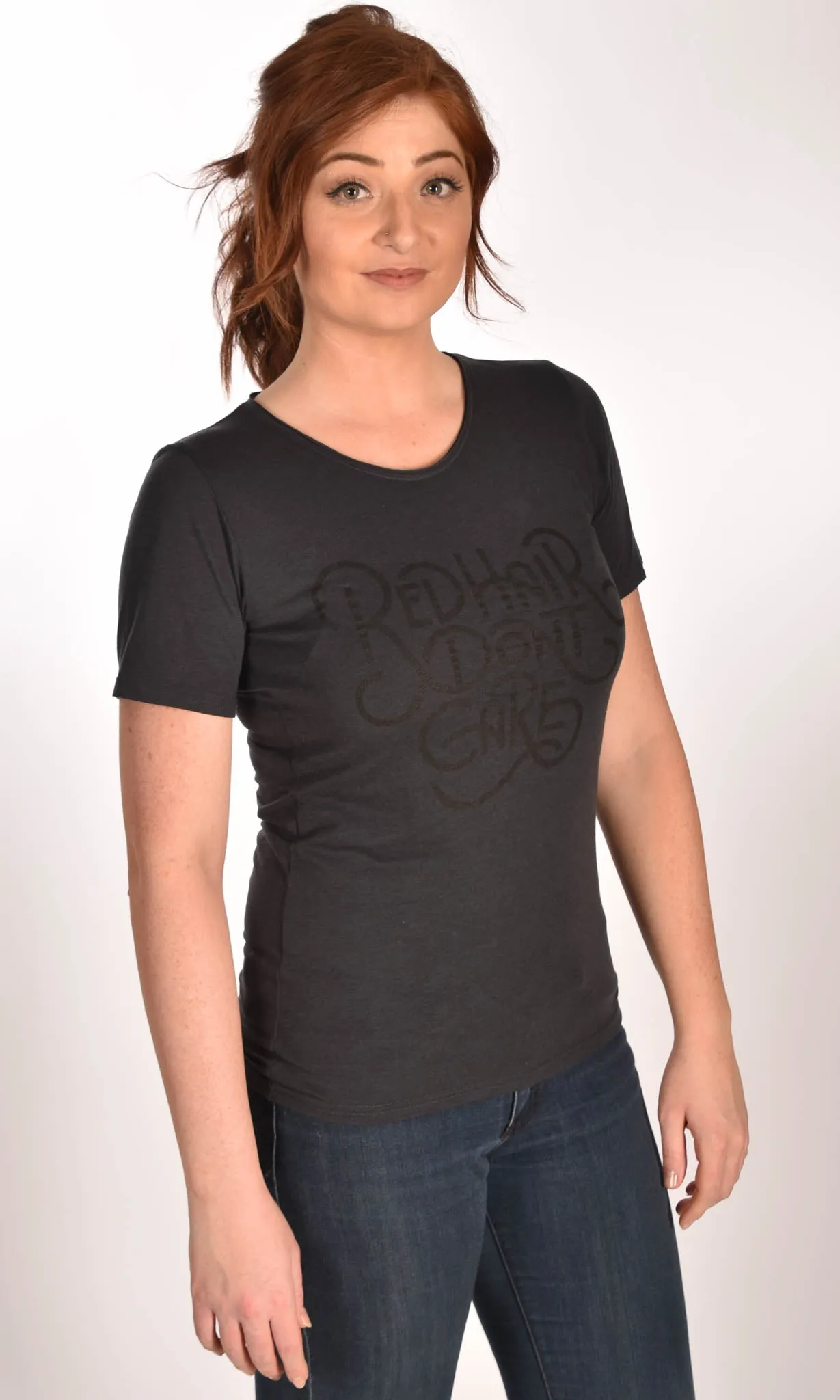 Red Hair Don't Care Retro Raw Neck Black Unisex Tee