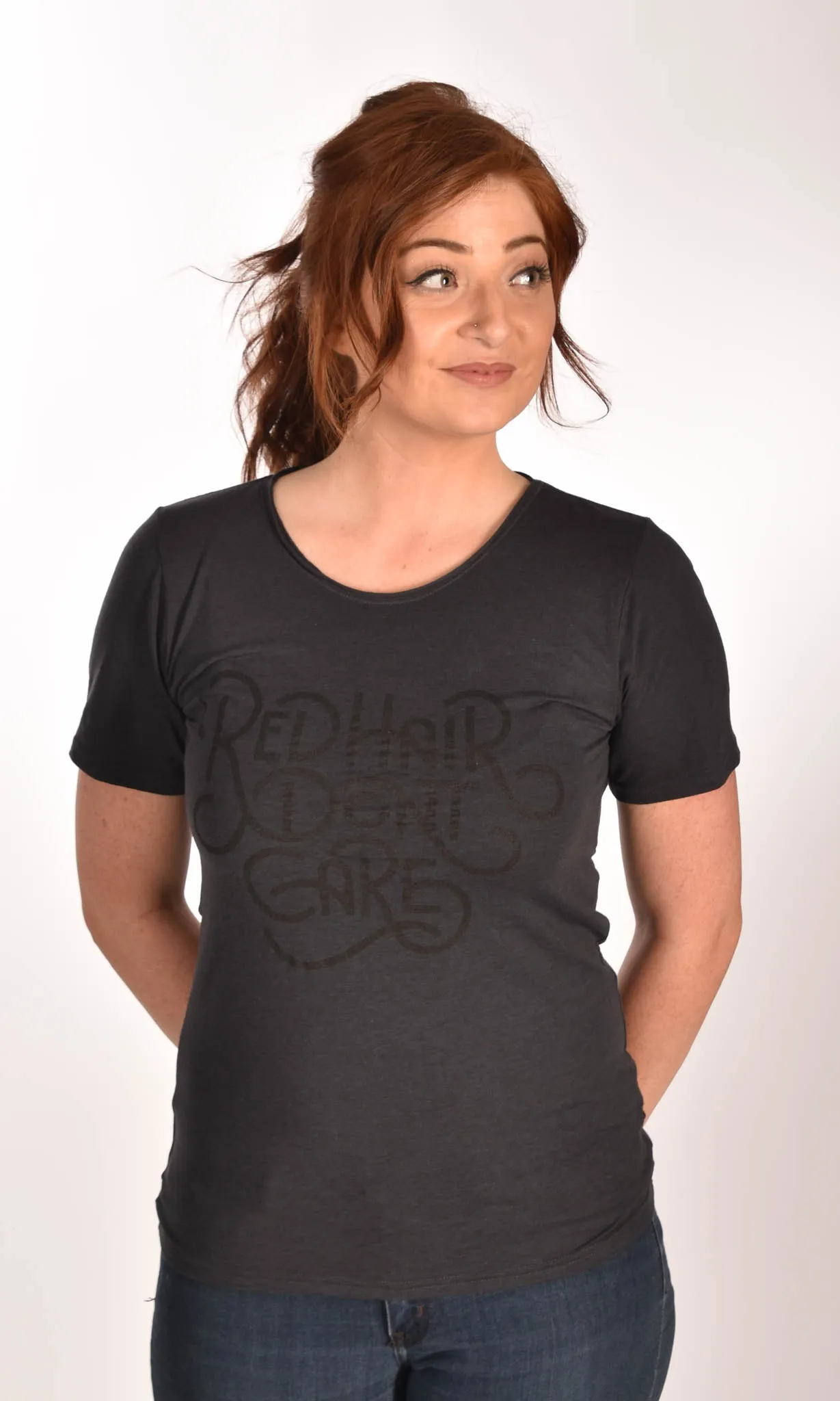 Red Hair Don't Care Retro Raw Neck Black Unisex Tee