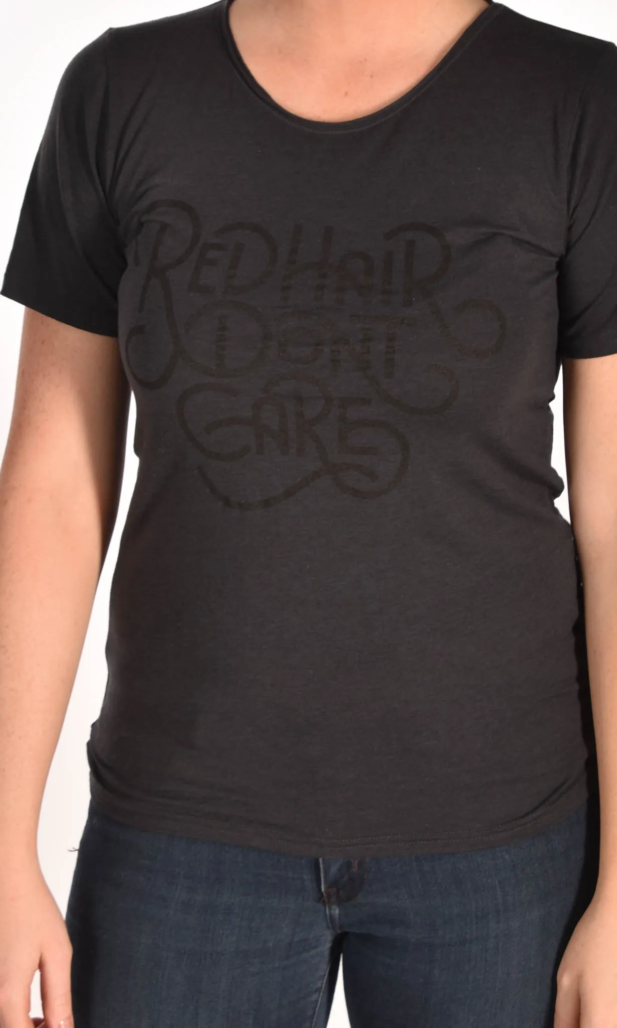 Red Hair Don't Care Retro Raw Neck Black Unisex Tee
