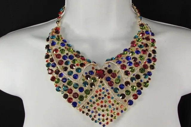 Red Pink Silver Colored Rhinestones Collar Chains Necklace Earrings Set