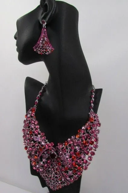 Red Pink Silver Colored Rhinestones Collar Chains Necklace Earrings Set
