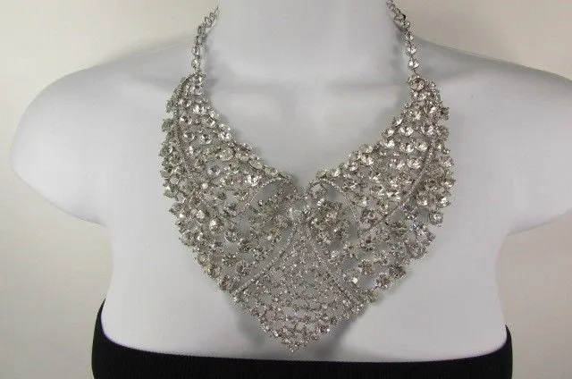 Red Pink Silver Colored Rhinestones Collar Chains Necklace Earrings Set