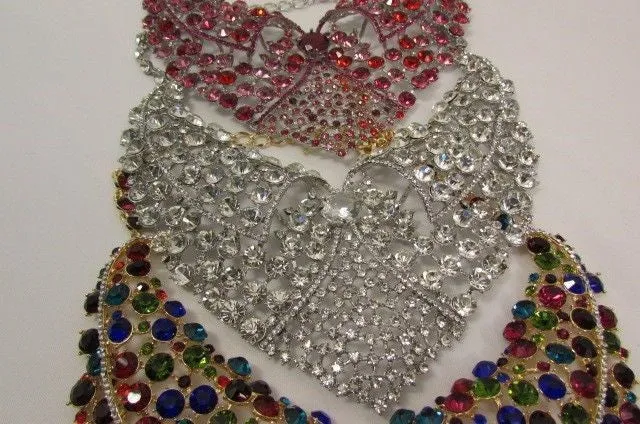 Red Pink Silver Colored Rhinestones Collar Chains Necklace Earrings Set