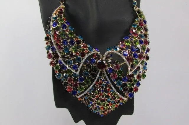 Red Pink Silver Colored Rhinestones Collar Chains Necklace Earrings Set