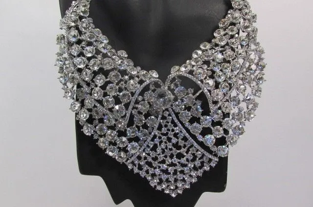 Red Pink Silver Colored Rhinestones Collar Chains Necklace Earrings Set
