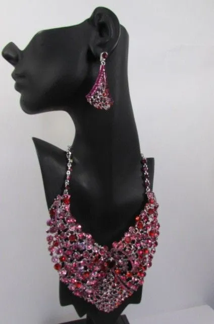 Red Pink Silver Colored Rhinestones Collar Chains Necklace Earrings Set