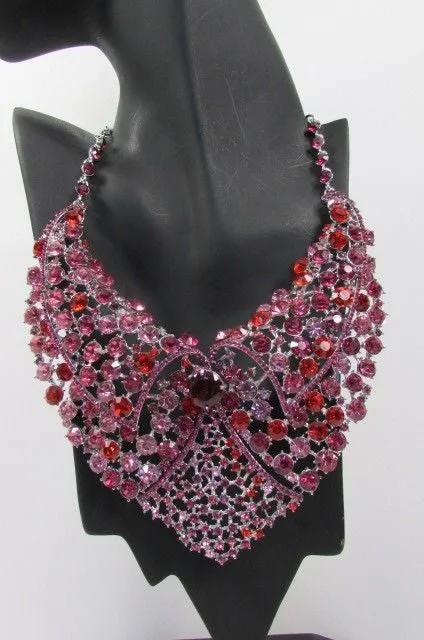 Red Pink Silver Colored Rhinestones Collar Chains Necklace Earrings Set