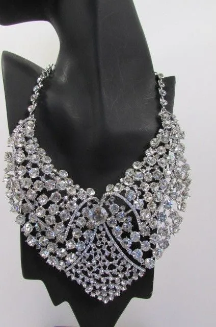 Red Pink Silver Colored Rhinestones Collar Chains Necklace Earrings Set