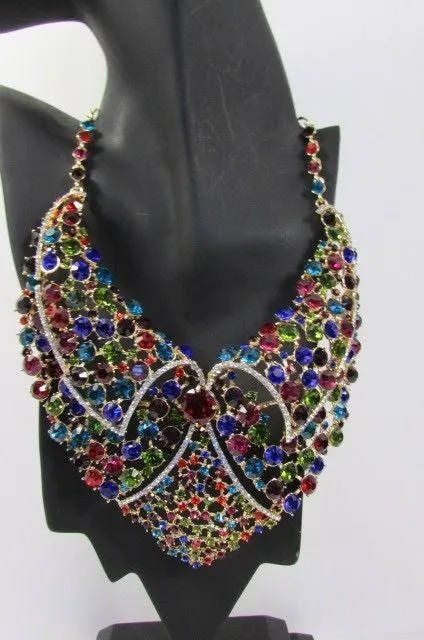 Red Pink Silver Colored Rhinestones Collar Chains Necklace Earrings Set