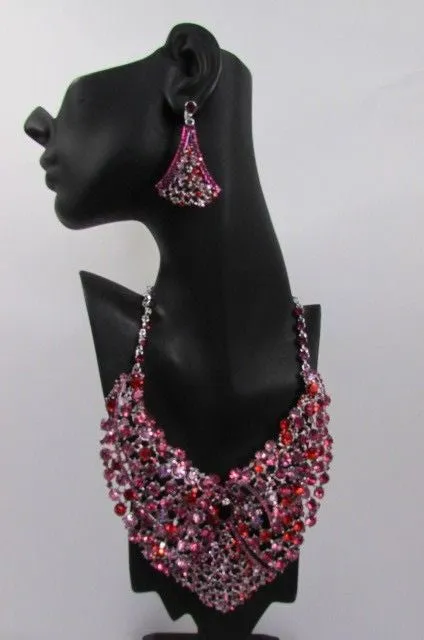 Red Pink Silver Colored Rhinestones Collar Chains Necklace Earrings Set