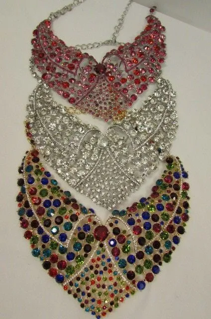 Red Pink Silver Colored Rhinestones Collar Chains Necklace Earrings Set