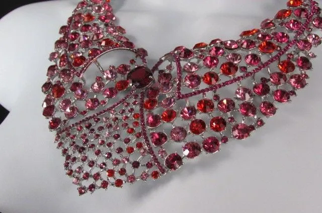Red Pink Silver Colored Rhinestones Collar Chains Necklace Earrings Set