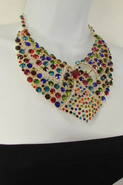 Red Pink Silver Colored Rhinestones Collar Chains Necklace Earrings Set