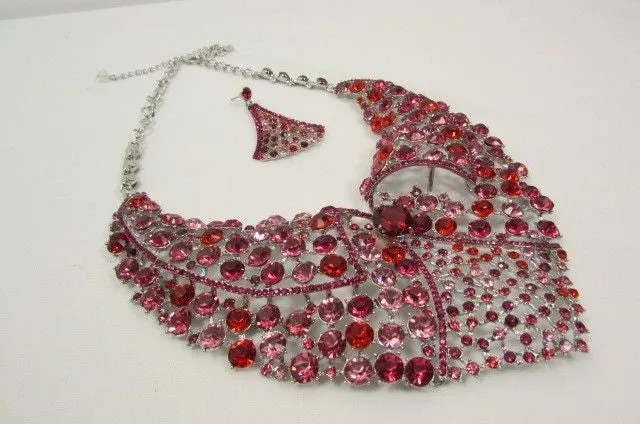 Red Pink Silver Colored Rhinestones Collar Chains Necklace Earrings Set