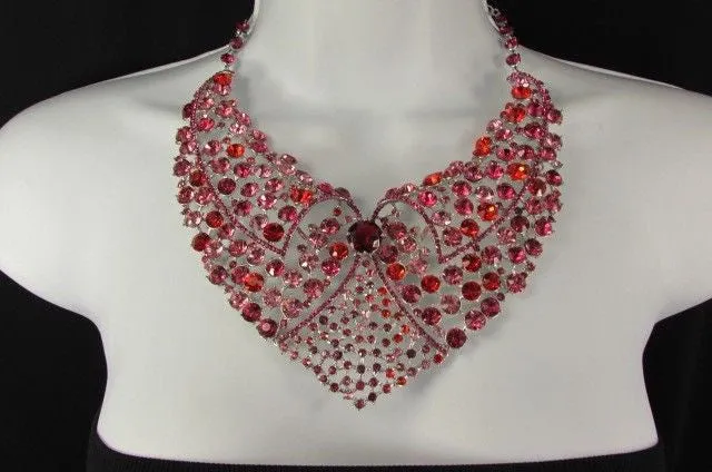 Red Pink Silver Colored Rhinestones Collar Chains Necklace Earrings Set