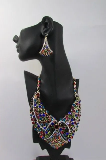 Red Pink Silver Colored Rhinestones Collar Chains Necklace Earrings Set