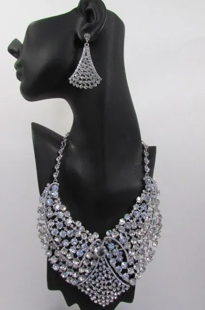 Red Pink Silver Colored Rhinestones Collar Chains Necklace Earrings Set