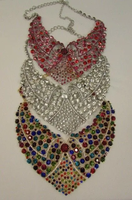 Red Pink Silver Colored Rhinestones Collar Chains Necklace Earrings Set