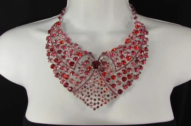 Red Pink Silver Colored Rhinestones Collar Chains Necklace Earrings Set
