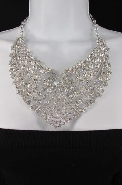Red Pink Silver Colored Rhinestones Collar Chains Necklace Earrings Set