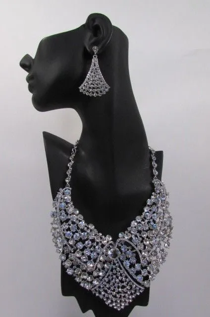 Red Pink Silver Colored Rhinestones Collar Chains Necklace Earrings Set