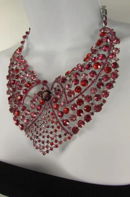Red Pink Silver Colored Rhinestones Collar Chains Necklace Earrings Set