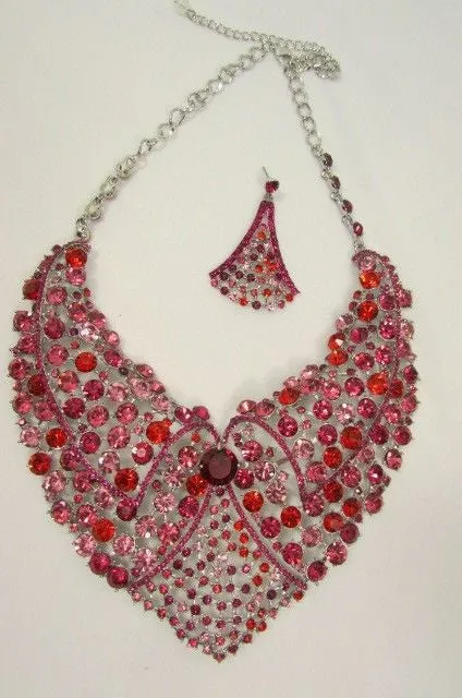 Red Pink Silver Colored Rhinestones Collar Chains Necklace Earrings Set