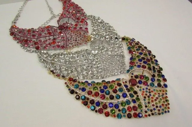 Red Pink Silver Colored Rhinestones Collar Chains Necklace Earrings Set